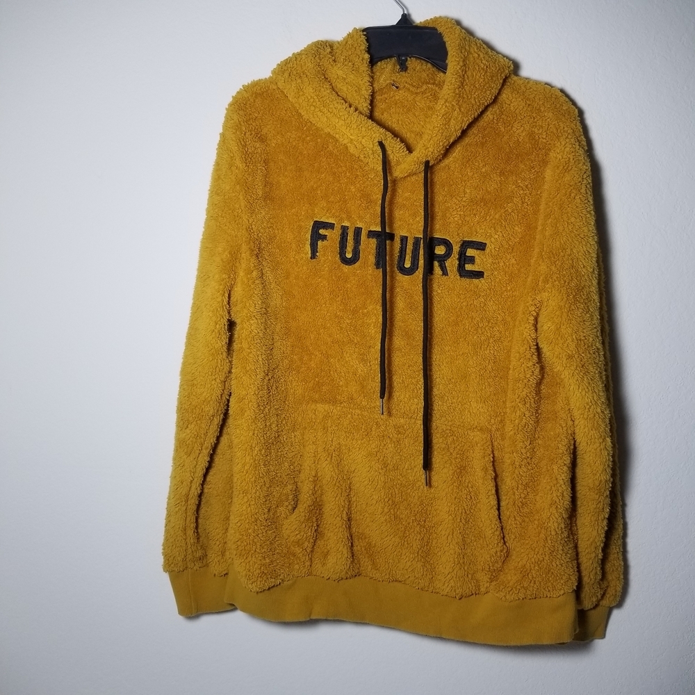 Yellow Fuzzy Hoodie with 'FUTURE' Text, Very Cozy, Good Condition